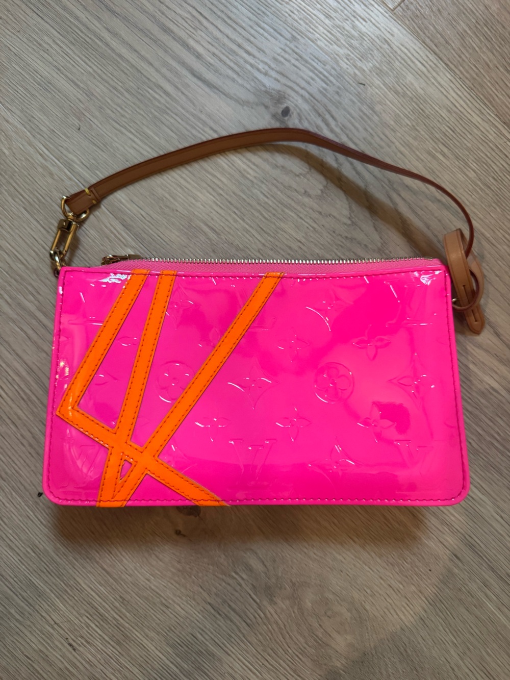 Louis Vuitton Robert Wilson Neon Pink Patent Wristlet with Orange Trim